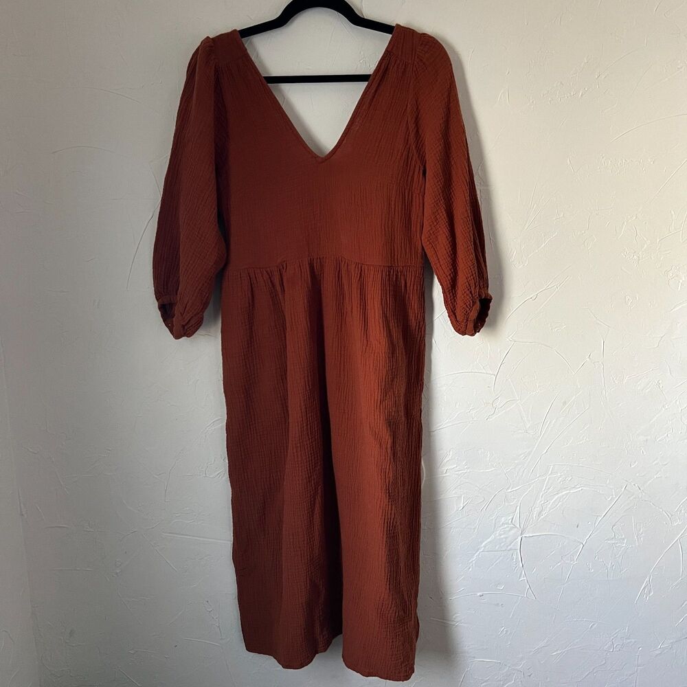 Madewell Rust Gauze V-Neck Midi Dress Cotton Balloon Sleeve Prairie Earthy‎ XS